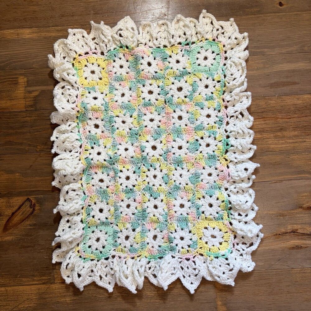 Vintage Crochet Baby Blanket Granny Square Pastel Rainbow Cottagecore Nursery